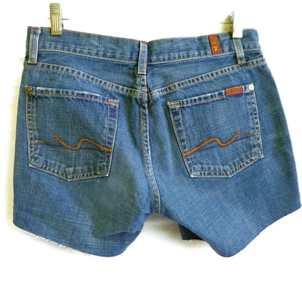 7FAM USA Cutoff Shorts Mid Rise Blue Cotton Denim 30 Waist